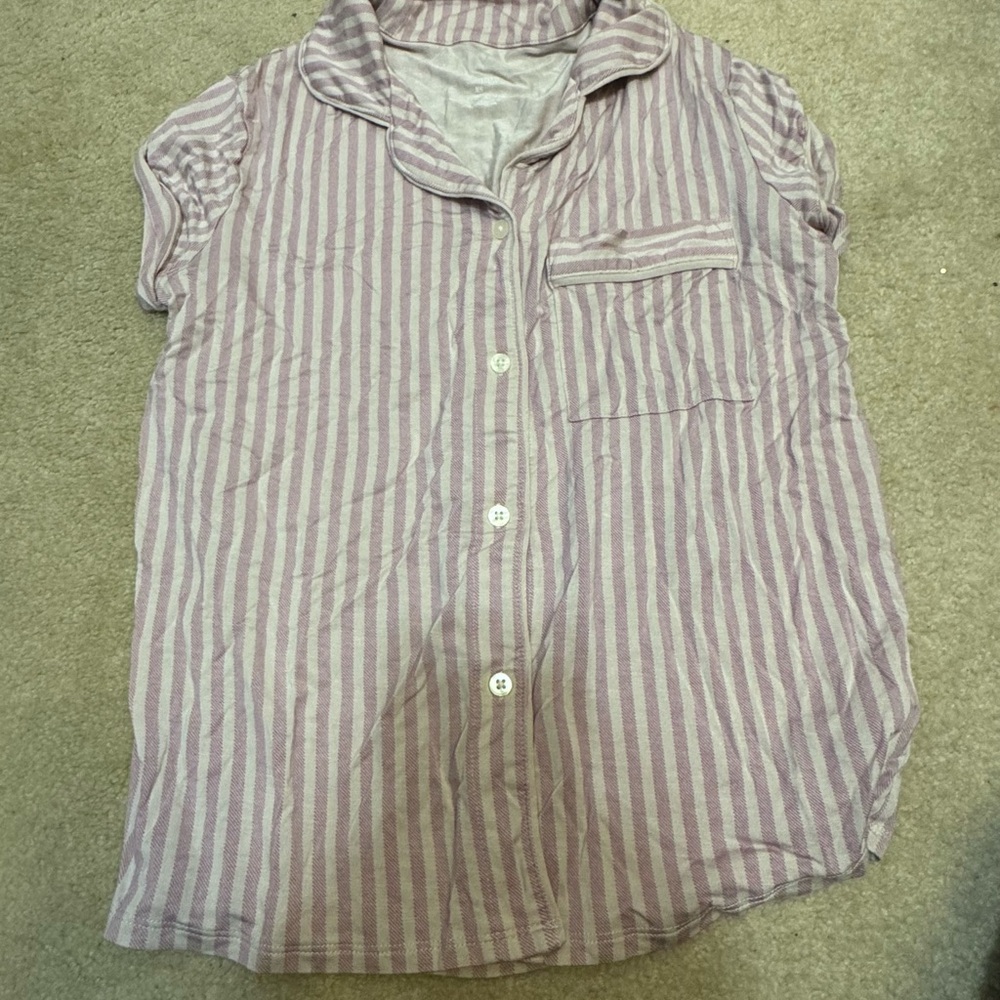 Pink Button Down Shirt with Vertical Stripes and Short Sleeves